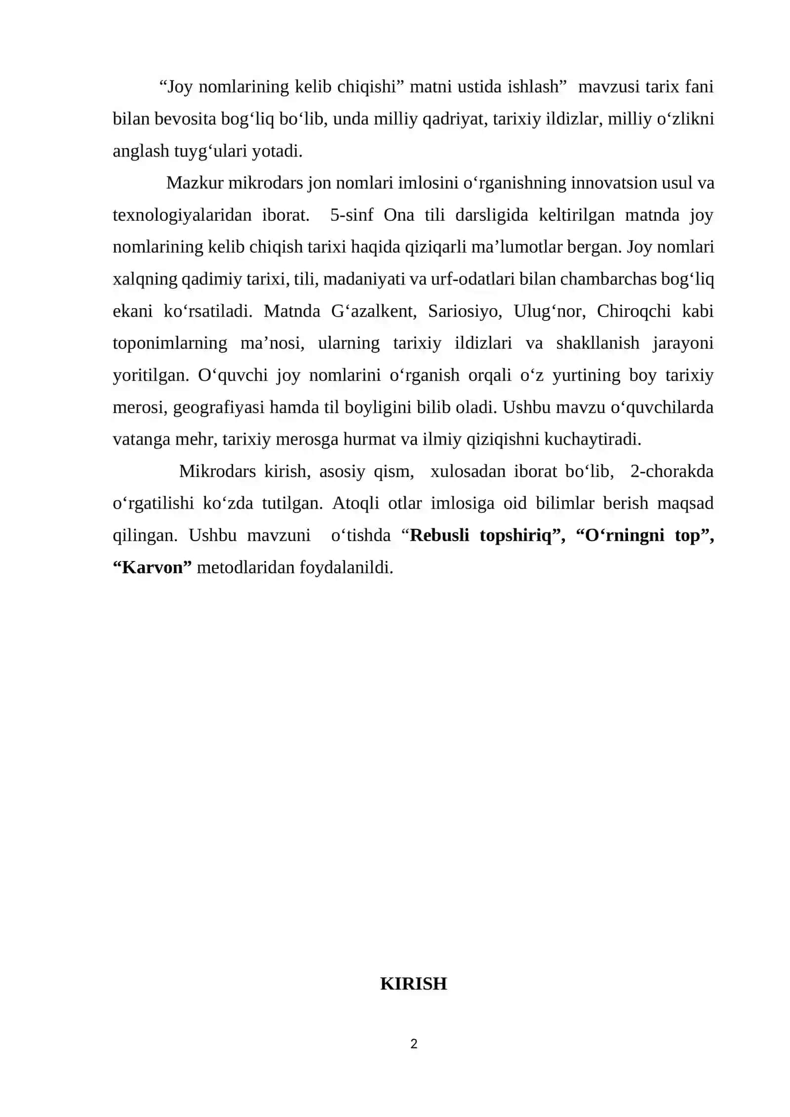 “JOY NOMLARINING KELIB CHIQISHI” MATNI USTIDA ISHLASH MIKRODARS 2