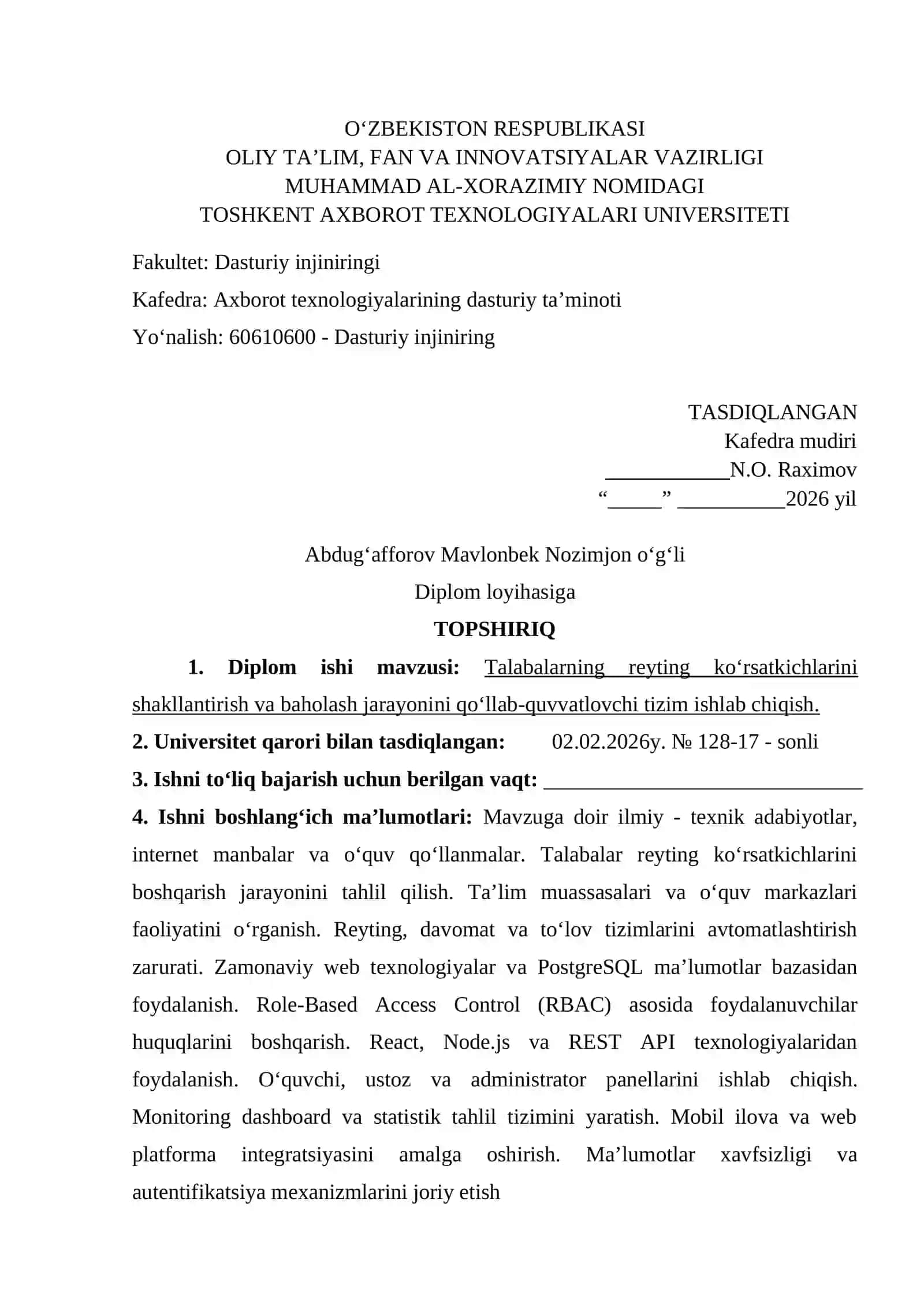 Talabalarning reyting koʻrsatkichlarini shakllantirish va baholash jarayonini qoʻllab quvvatlovchi tizim ishlab chiqish 2