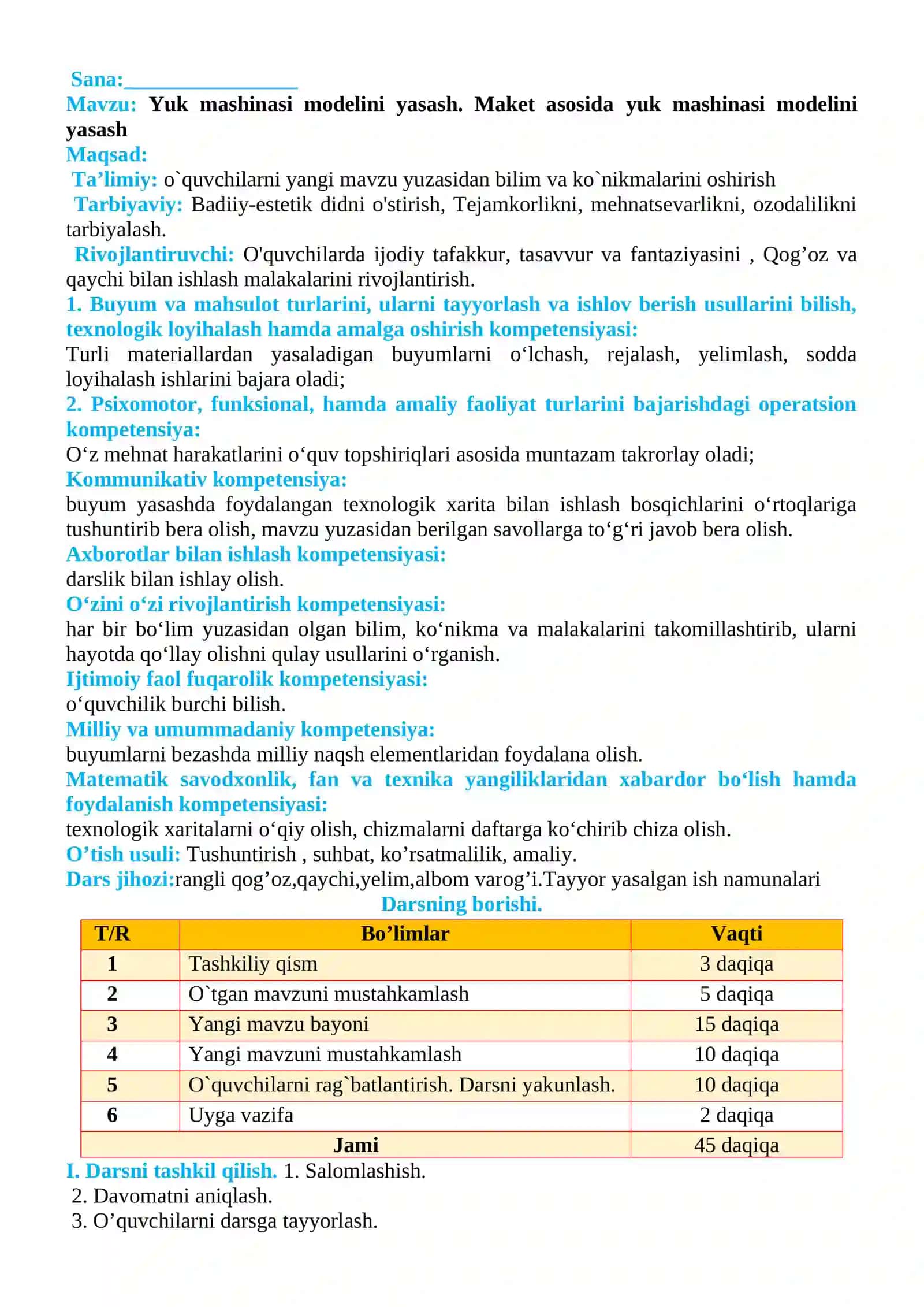 4-sinf Texnologiya fanidan Maket asosida yuk mashinasi modelini yasash dars ishlanma 2