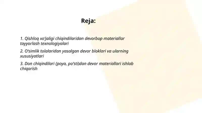 Qishloq xoʻjaligi chiqindilari asosida devorbop materiallar 2