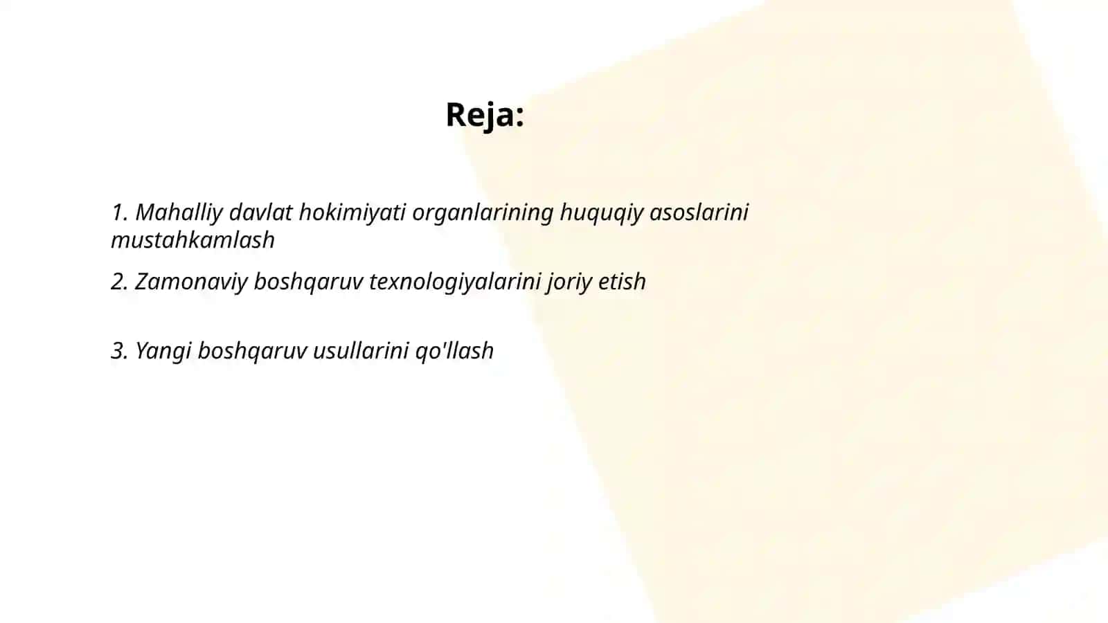 Mahalliy davlat hokimiyati organlari faoliyatining institutsional asoslarini zamon talablariga moslashitirsh,adolatli,yuqori natijadorkikka xizmat qiladigan davlat boshqaruvi tizimini joriy qilish 2