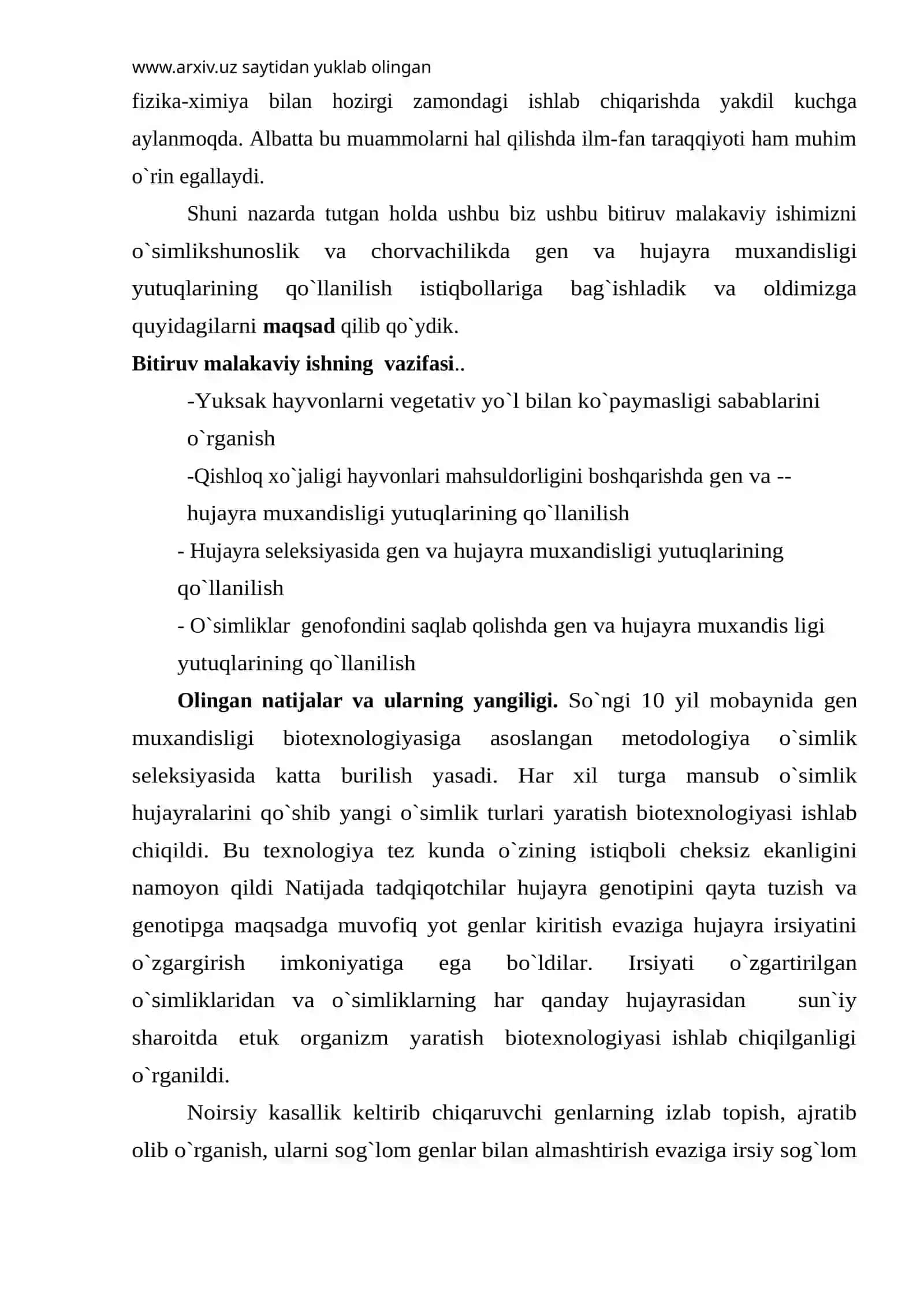 O`simlikshunоslik vа chоrvаchilikdа gеn vа hujаyrа muxаndisligi yutuqlаrining qo`llаnilish istiqbоllаri 2