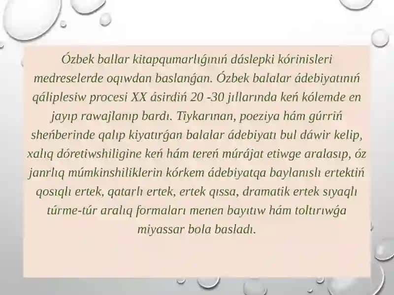Ózbek balalar kitapqumarlıǵınıń dáslepki kórinisleri. 2