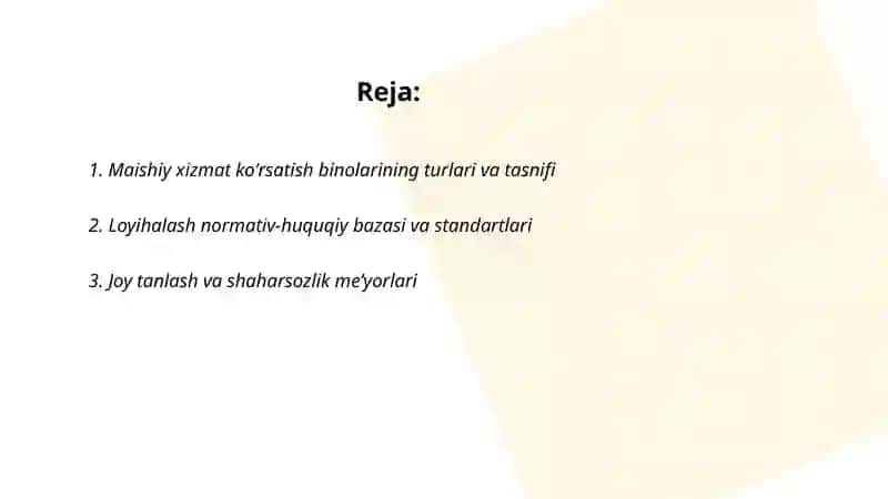 Maishiy xizmat koʻrsatish binolarining loyihalash asoslari 2