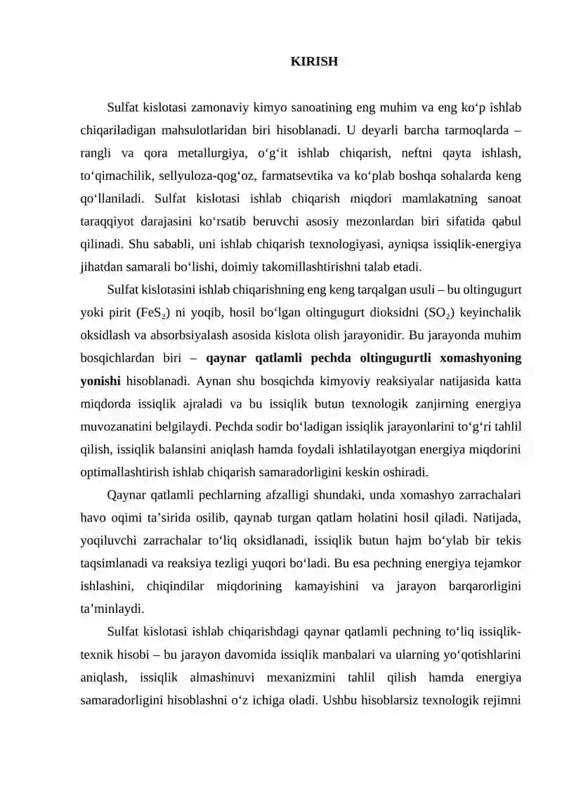 Sulfat kislota ishlab chiqarishdagi qaynar qatlamli pechning to‘liq issiqlik-texnik hisobi 2