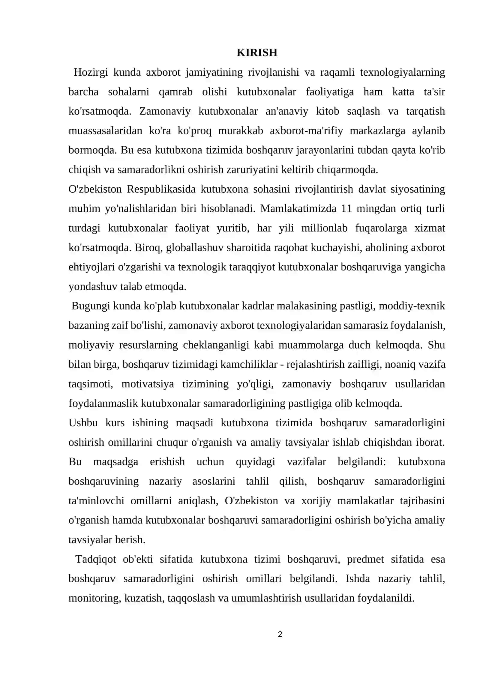 MUNDARIJA KIRISH I BOB. KUTUBXONA BOSHQARUVINING NAZARIY ASOSLARI 2