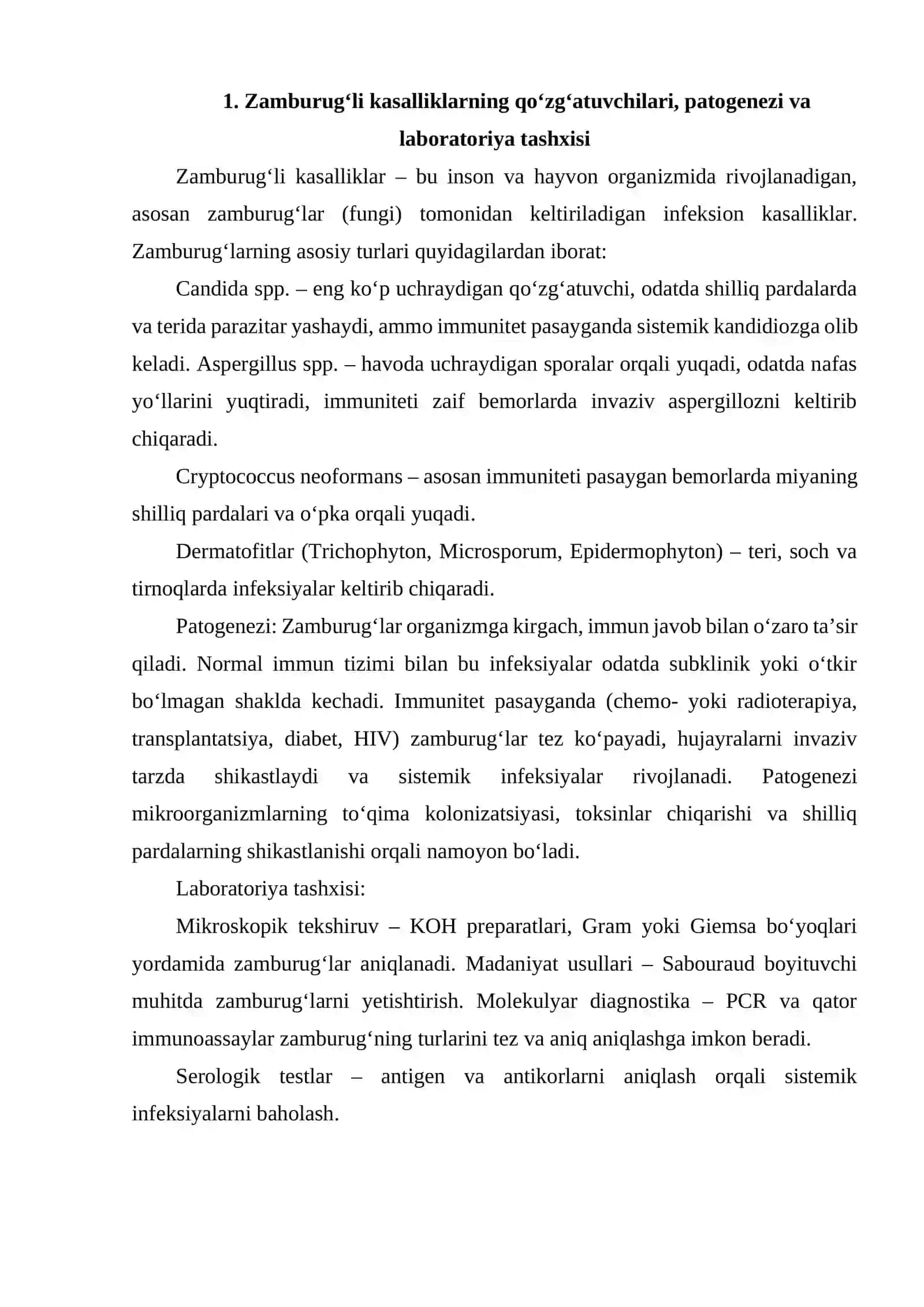 Zamburug‘li kasalliklarning qo‘zg‘atuvchilari, patogenezi va laboratoriya tashxisi 2
