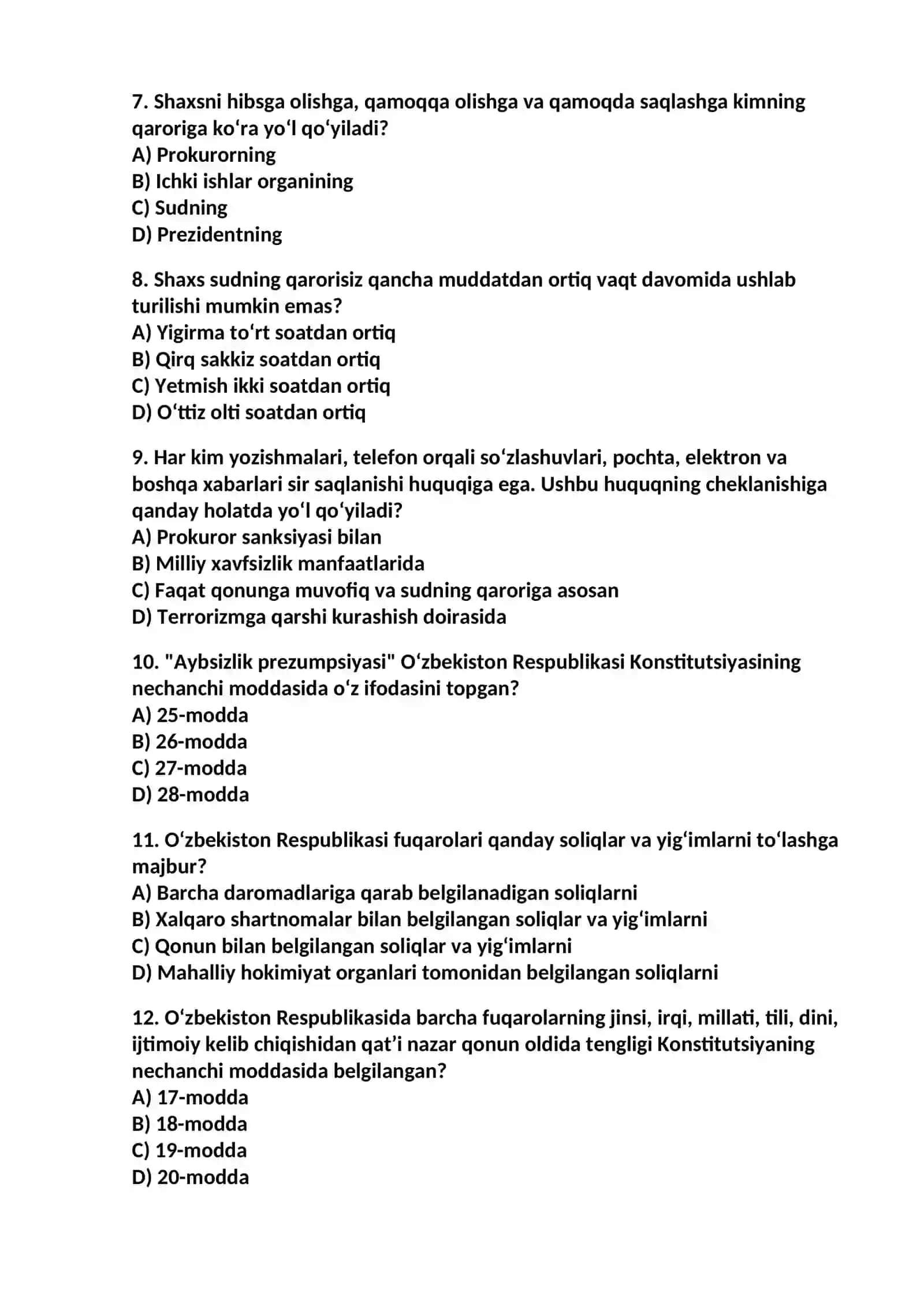 Oʻzbekiston Respublikasi Konstitutsiyasining inson va fuqarolarning asosiy huquqlari, erkinliklari va burchlariga bagʻishlangan boʻlimi qaysi? 2