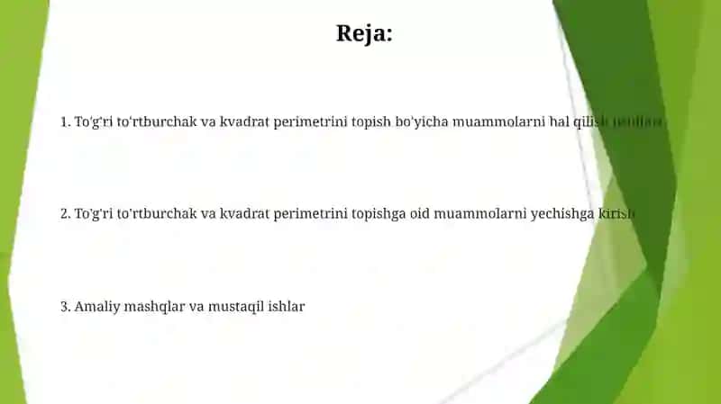 To'g'ri to'rtburchak va kvadratning perimetri topishga doir masalalar yechishga o'rgatish 2