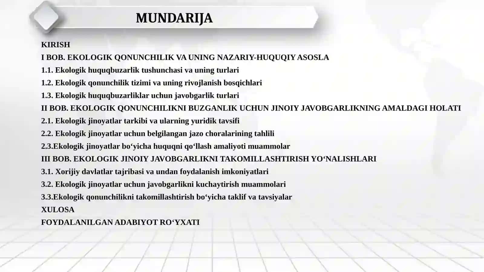“EKOLOGIKQONUNCHILIKNI BUZGANLIK UCHUN JINOIY JAVOBGARLIKNI TAKOMILLASHTIRISH MUAMMOLARI” 2