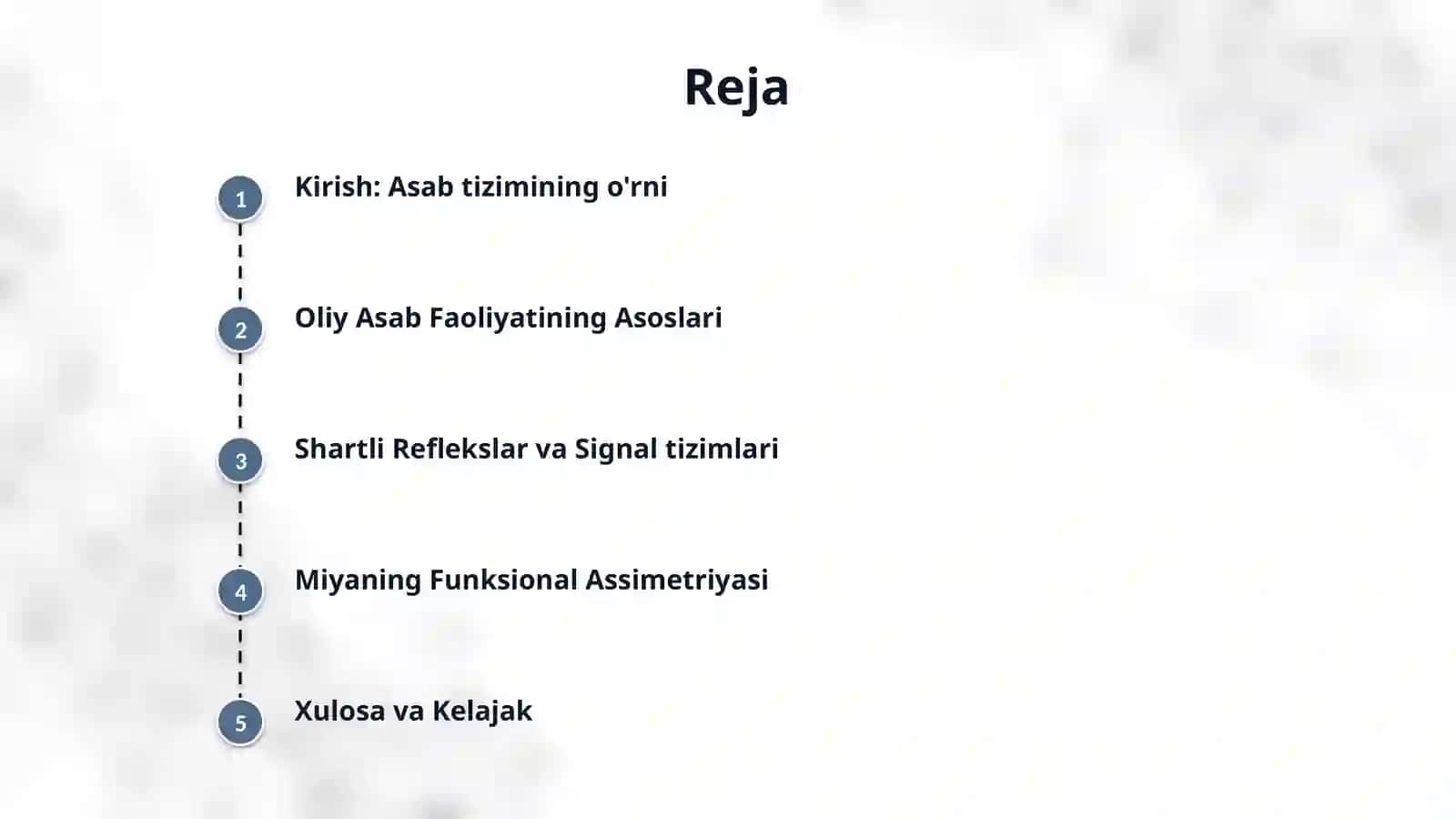 asab tizimining oliy boʻlimlarining vazifalari. shartli reflekslar . oliy asab faoliyat tiplari. organizmni signal tizimlari. bosh miya yarimsharlarining funksional assimetriyasi 2