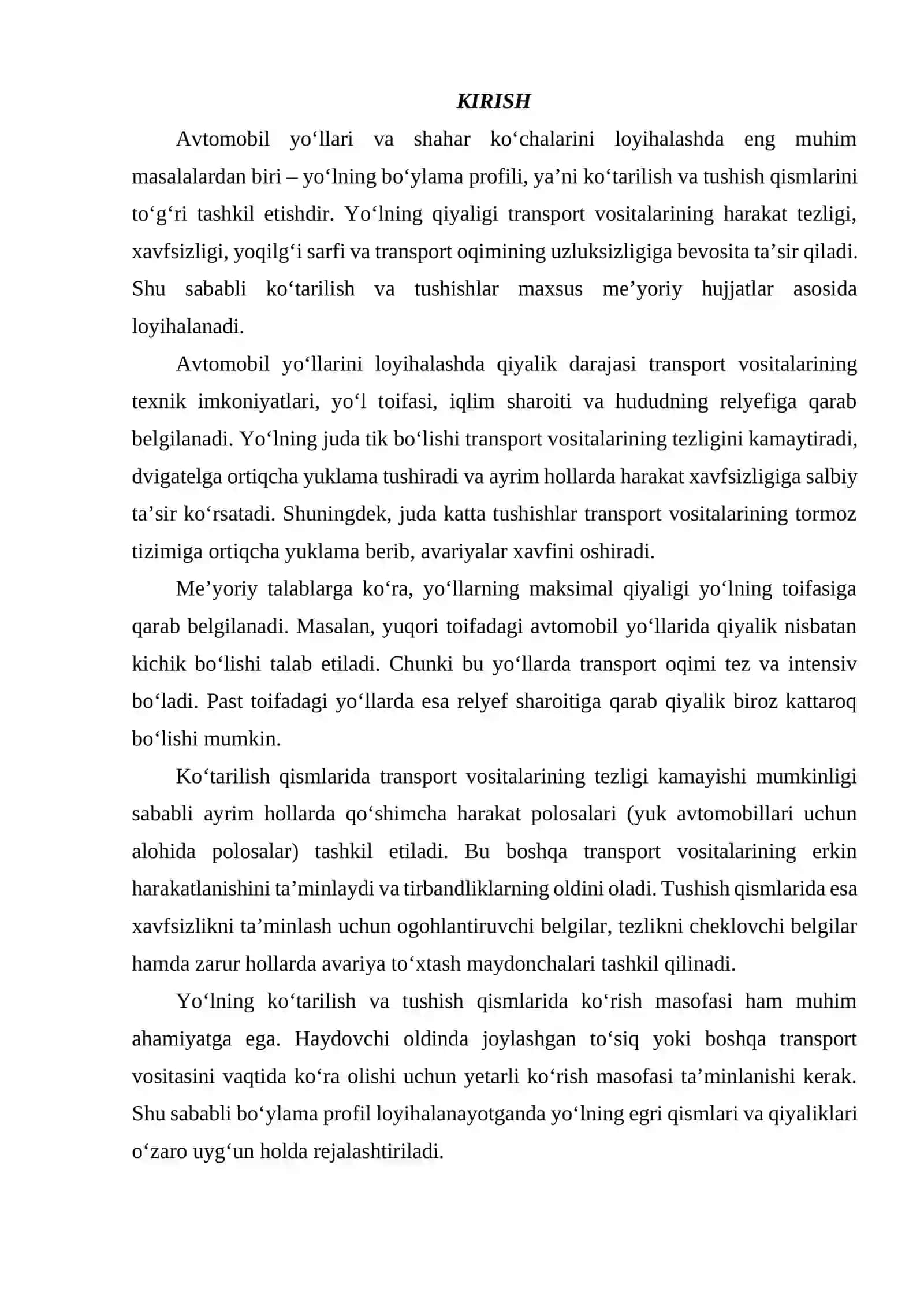AVTOMOBIL YO‘LLARI VA SHAHAR KO‘CHALARINI KO‘TARILISH TUSHISH BO‘YICHA HARAKAT XAVFSIZLIGI QO‘YILGAN ME’YORIY TALABLARNI O‘RGANISH 2