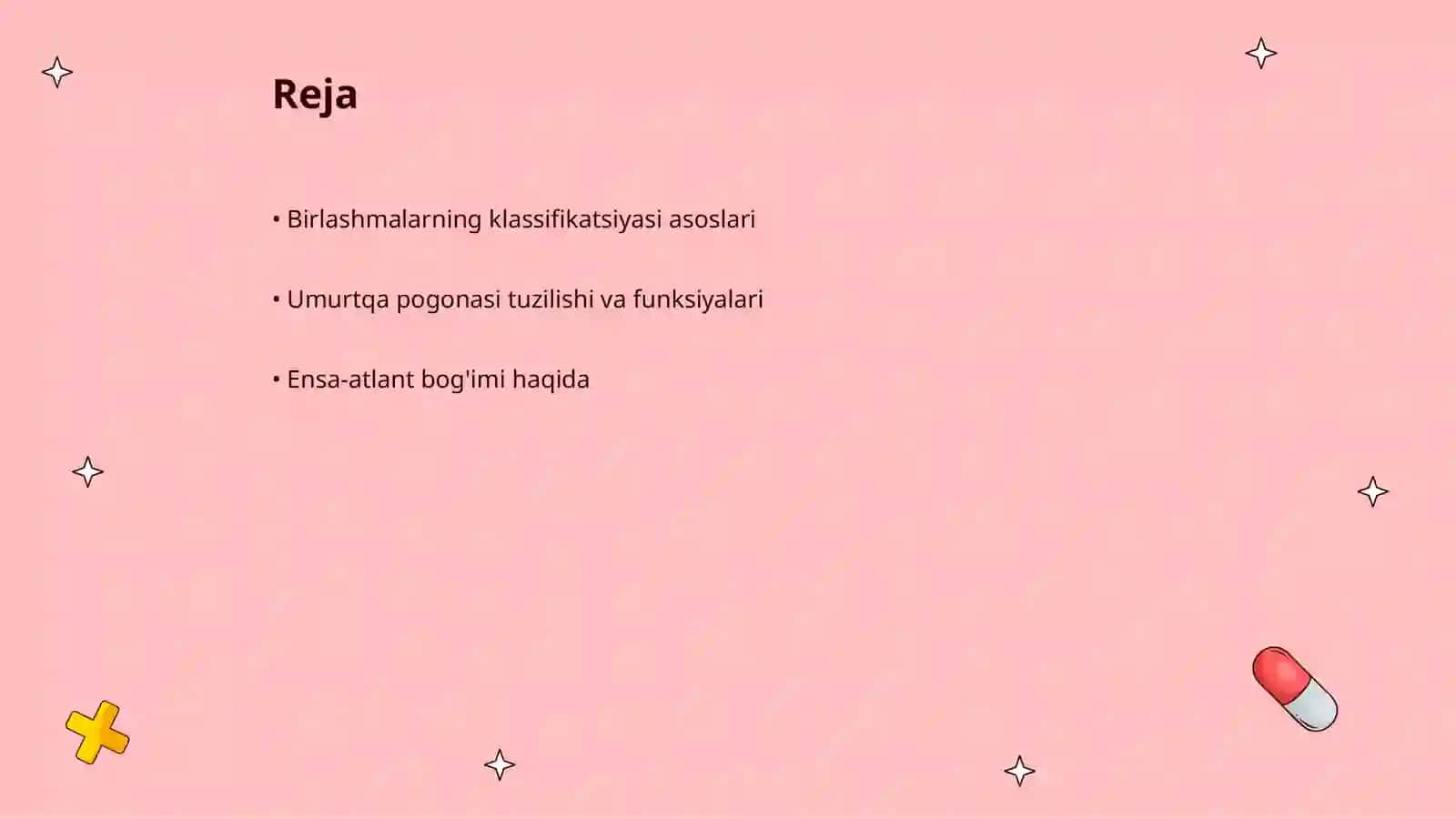 Birlashmalarning klassifikatsiyasi. Umurtqa pogonasi. Ensa-atlant va atlant-oq bogimi. yelka kamari va qol bogimlari. Muskullar klassifikatsiyasi. Bosh va boyin muskullari 2