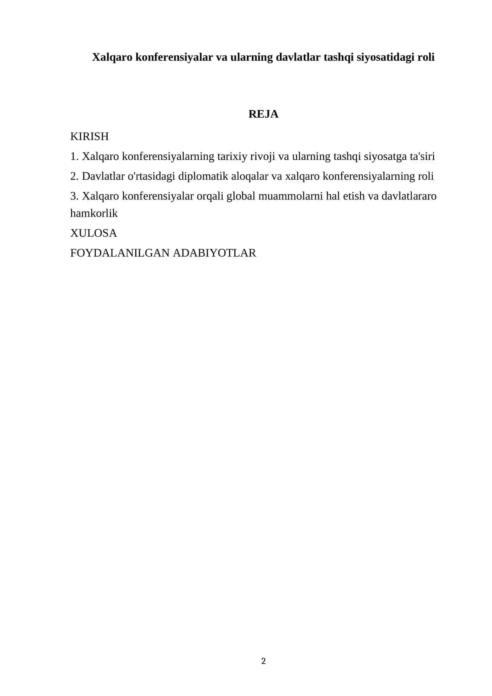 Xalqaro konferensiyalar va ularning davlatlar tashqi siyosatidagi roli 2