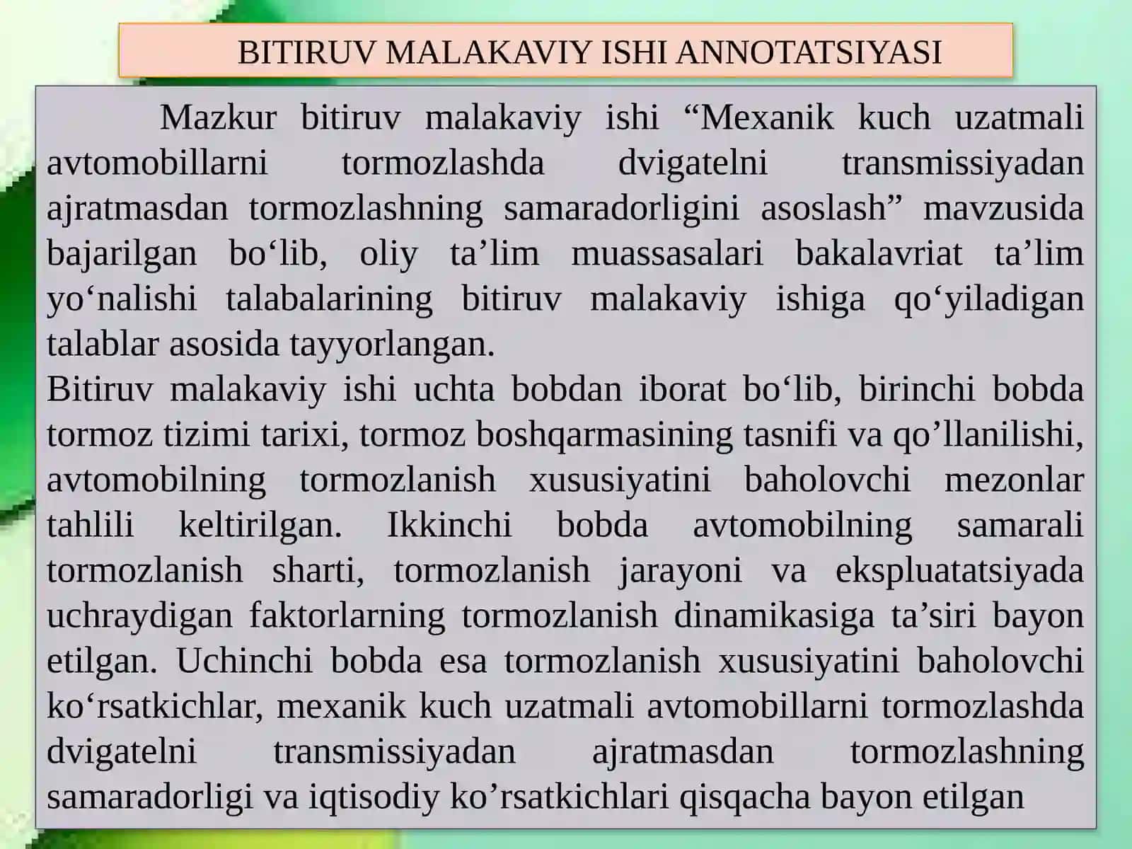 Mexanik kuch uzatmali avtomobillarni tormozlashda dvigatelni transmissiyadan ajratmasdan tormozlashning samaradorligini asoslash 2
