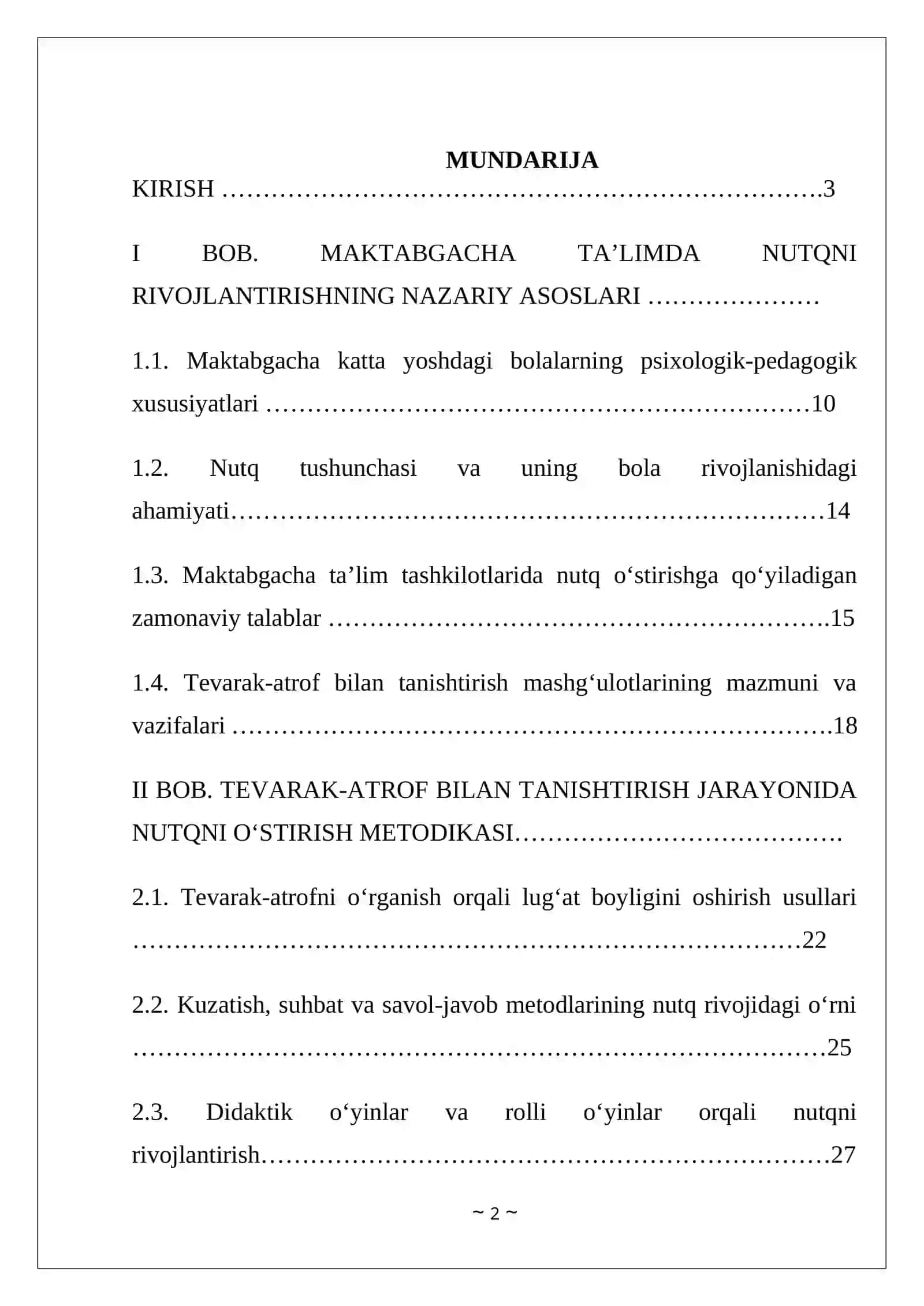 Tevarak atrof bilan tanishtirish jarayonida maktabgacha katta yoshdagi Bolalarning nutqini oʻstirish usullari. Kurs ishi 2