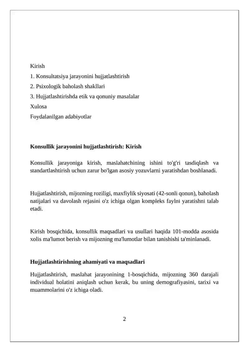 Maslahat jarayonini qayd qilish. Psixolog xulosa shakllari 2