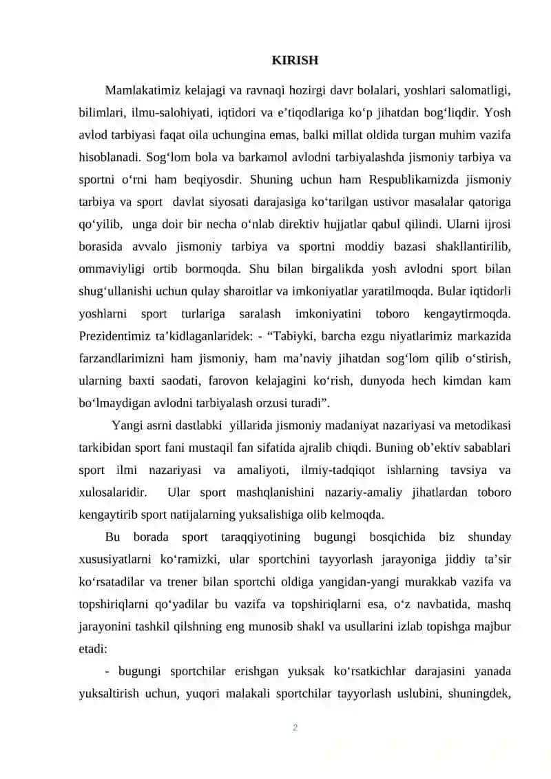 Sport mashg’ulotlari sportchilarni tayyorlashning eng muhum tarkibiy qismi va asosiy shakli sifatida 2