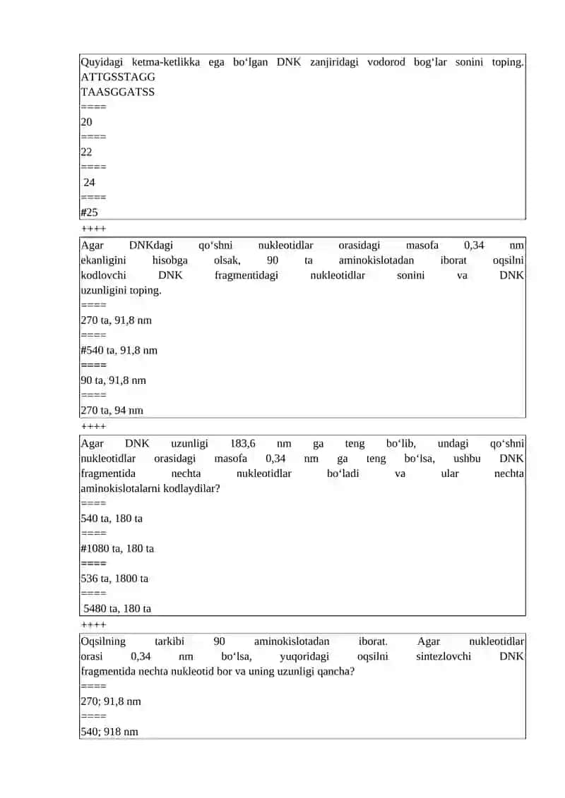 BIOLOGIK KIMYO VA MOLEKULYAR BIOLOGIYA TEST SAVOLLARI 2