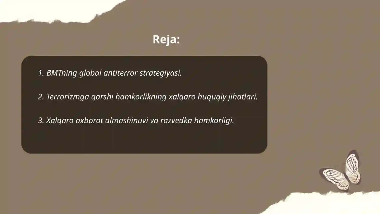 Global terrorizmga qarshi global hamkorlikning yoʻnalishlari: BMTning global antiterror strategiyasining asosiy yoʻnalishlari 2