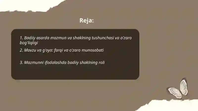 Badiiy asarda mazmun va shakl. Mavzu va g'oya 2