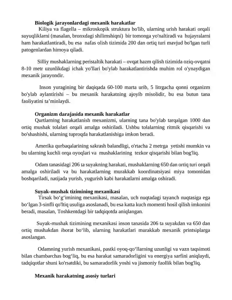 Mehani harakat va biologik jarayonlarda uning tatbiqi 2