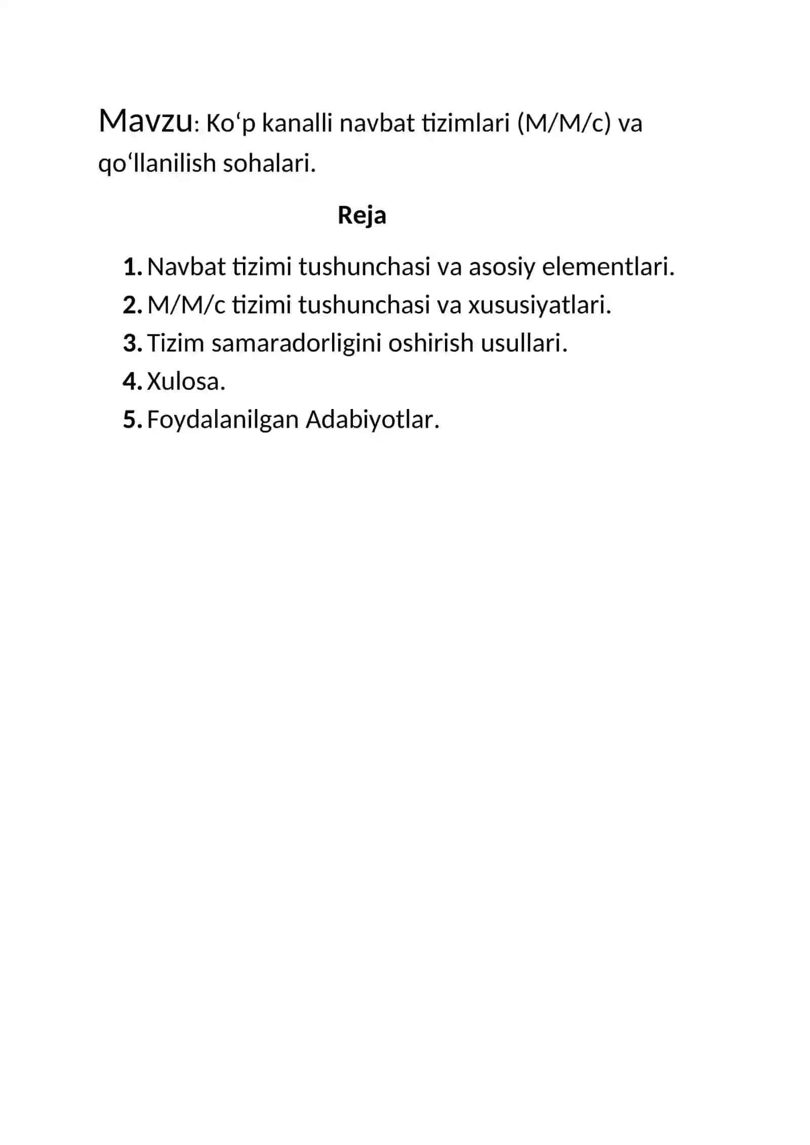 Ko‘p kanalli navbat tizimlari (M/M/c) va qo‘llanilish sohalari 2