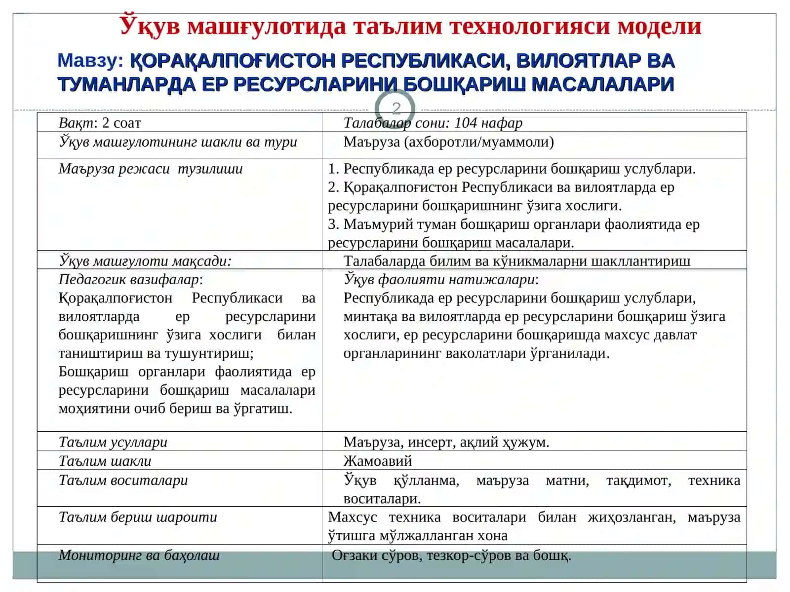ҚОРАҚАЛПОҒИСТОН РЕСПУБЛИКАСИ, ВИЛОЯТЛАР ВА ТУМАНЛАРДА ЕР РЕСУРСЛАРИНИ БОШҚАРИШ МАСАЛАЛАРИ 2