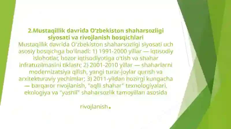 O'zbekiston shahar sozligi va me'morchilik 2