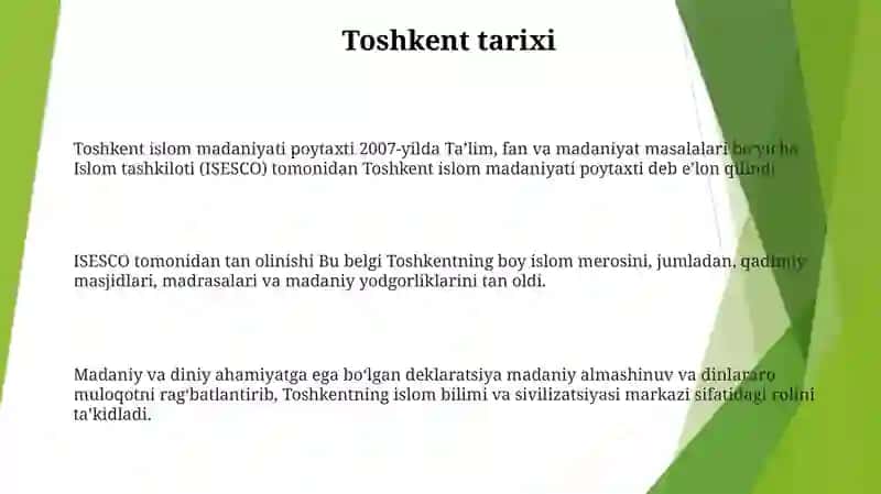 Toshkent "Islom Madaniyati Poytaxti " DebE'LonQilinishi 2007 2