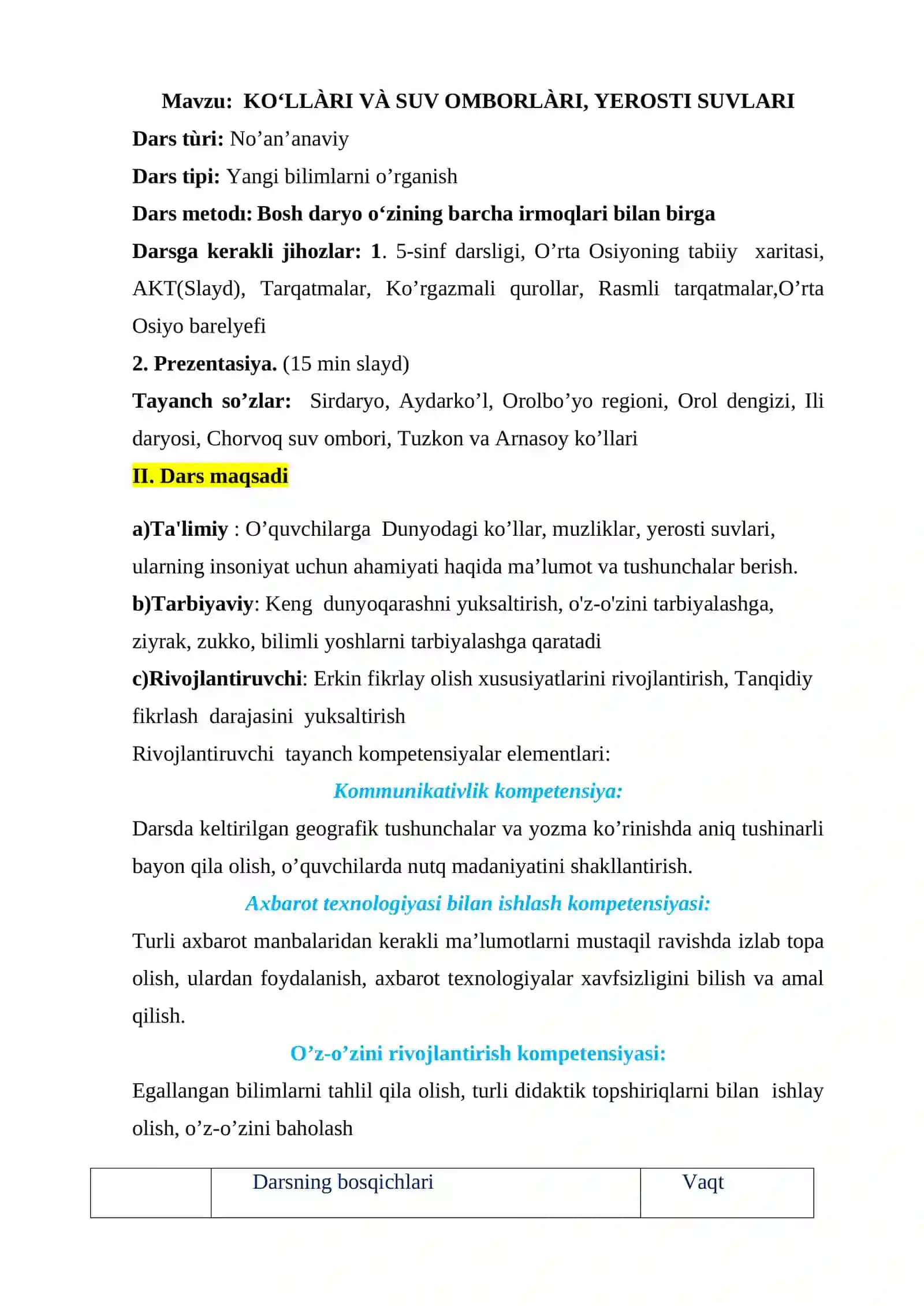 5-sinf Geografiya fanidan Ko'llar va muzliklar. Yer osti suvlari mavzusida bir soatlik dars ishlanma 2