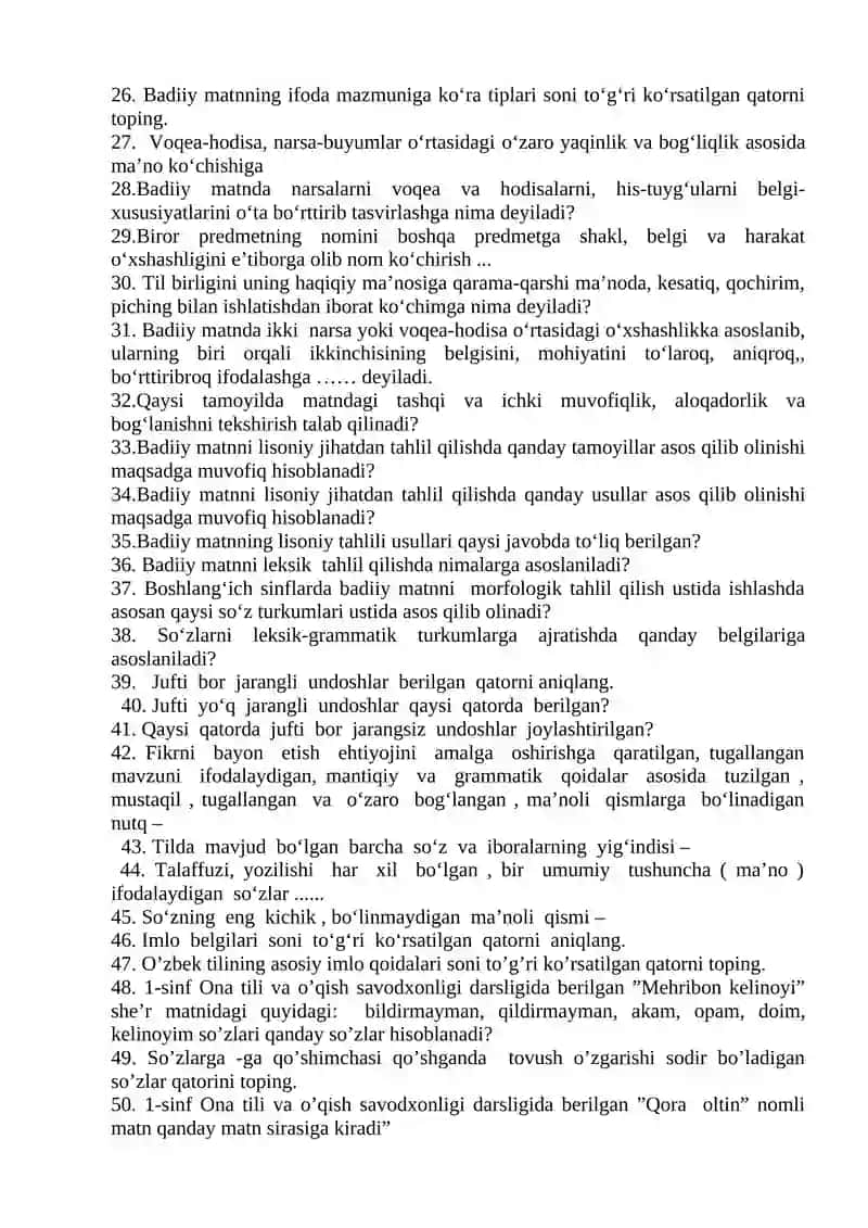 Ona tili o‘qitish metodikasi fanidan yakuniy test 2