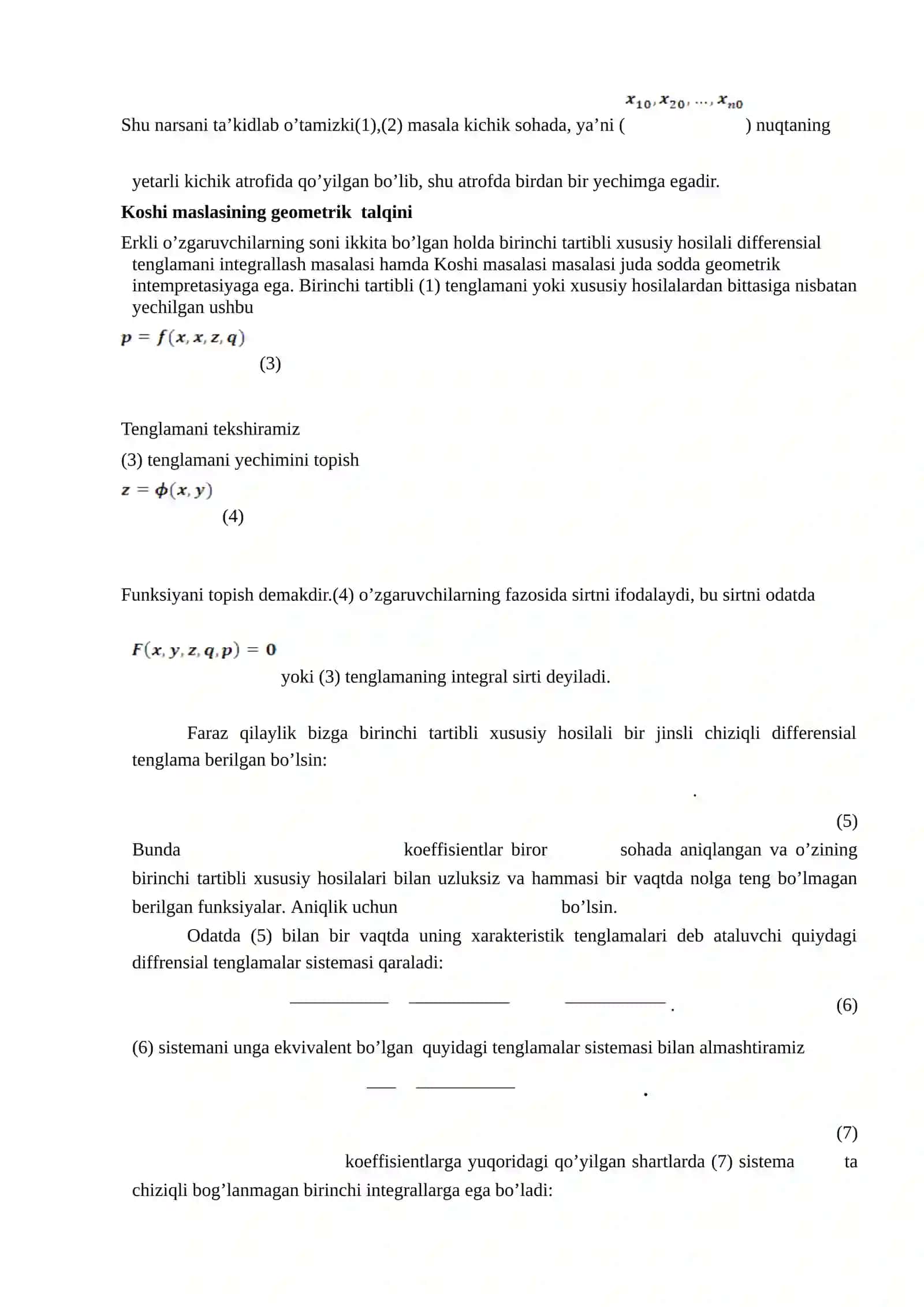 Mavjudlik va yagonalik teoremasi. Xarakteristika usuli. Koshi –Kovalevskaya  teoremasi.  Koshi maslasining geometrik  talqini 2