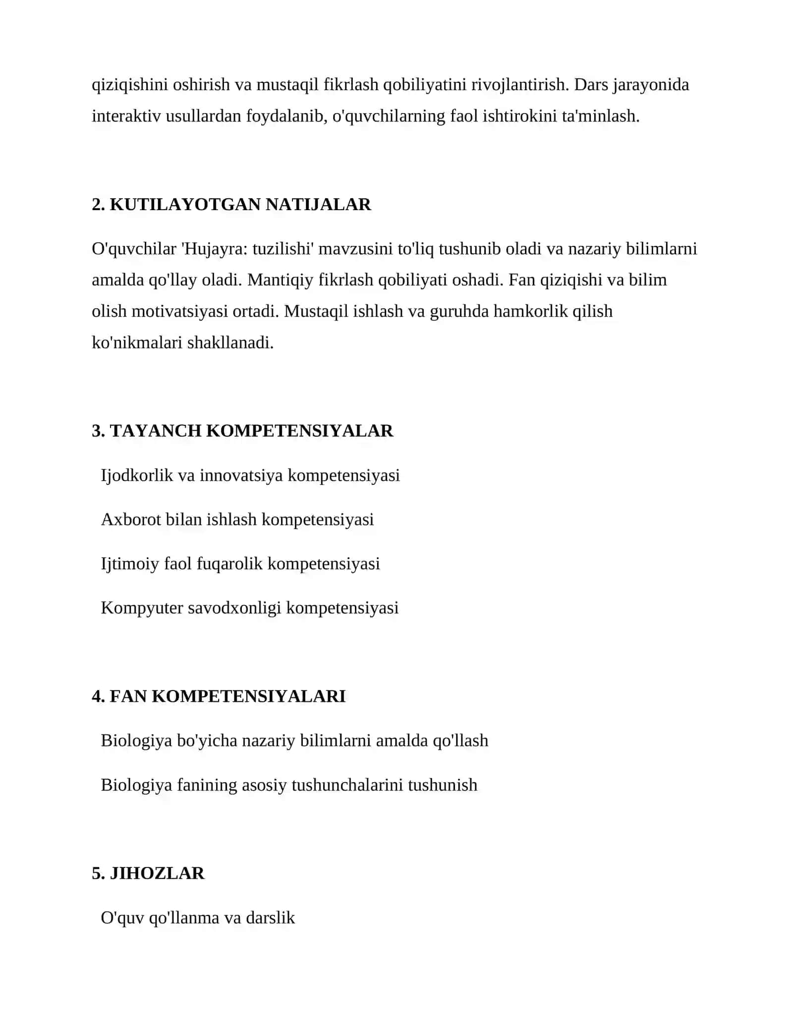 Maktablari 6-sinfdan Biologiya fanida Dars Ishlanmasi 2