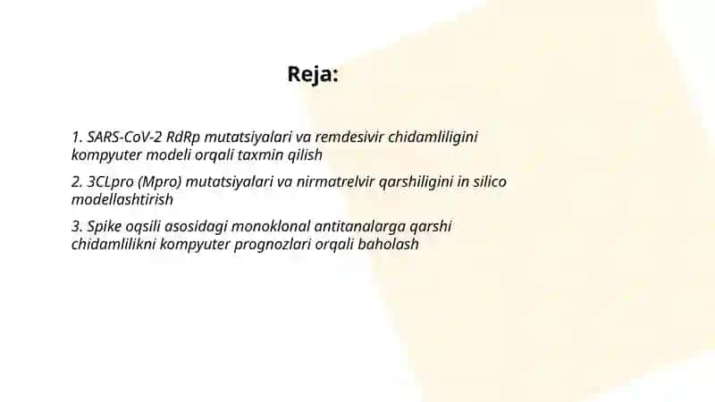 SARS-CoV-2 RdRp mutatsiyalari va remdesivir chidamliligini kompyuter modeli orqali taxmin qilish 2