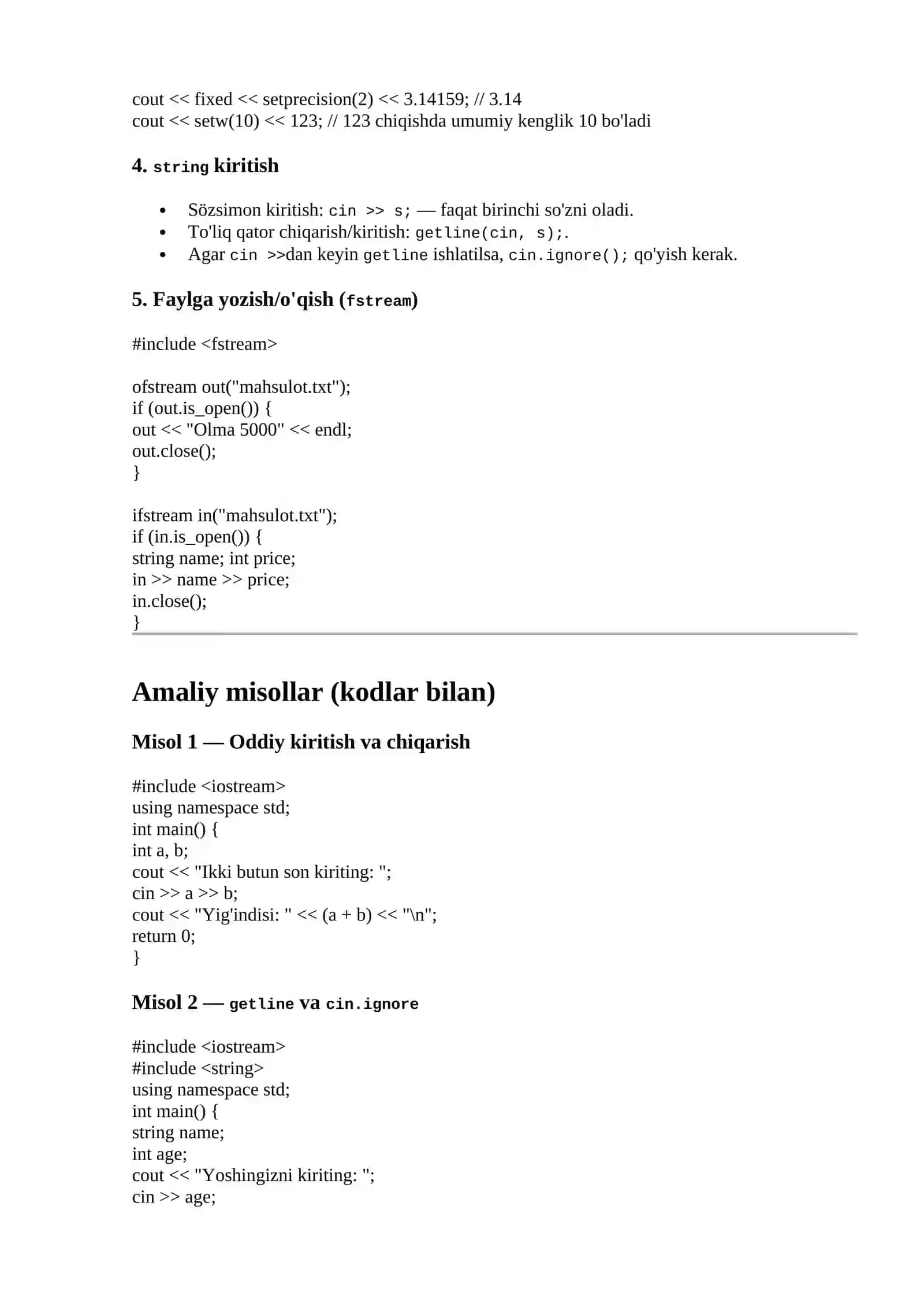 Kiritish va chiqarish funksiyalari (I/O) — C++ 2