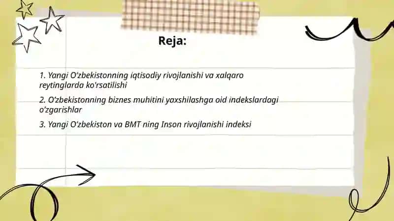 Yangi Oʼzbekiston iqtisodiy va madaniy hayotida roʼy berayotgan oʼzgarishlarning xalqaro reyting va indekslarda aks etishi 2