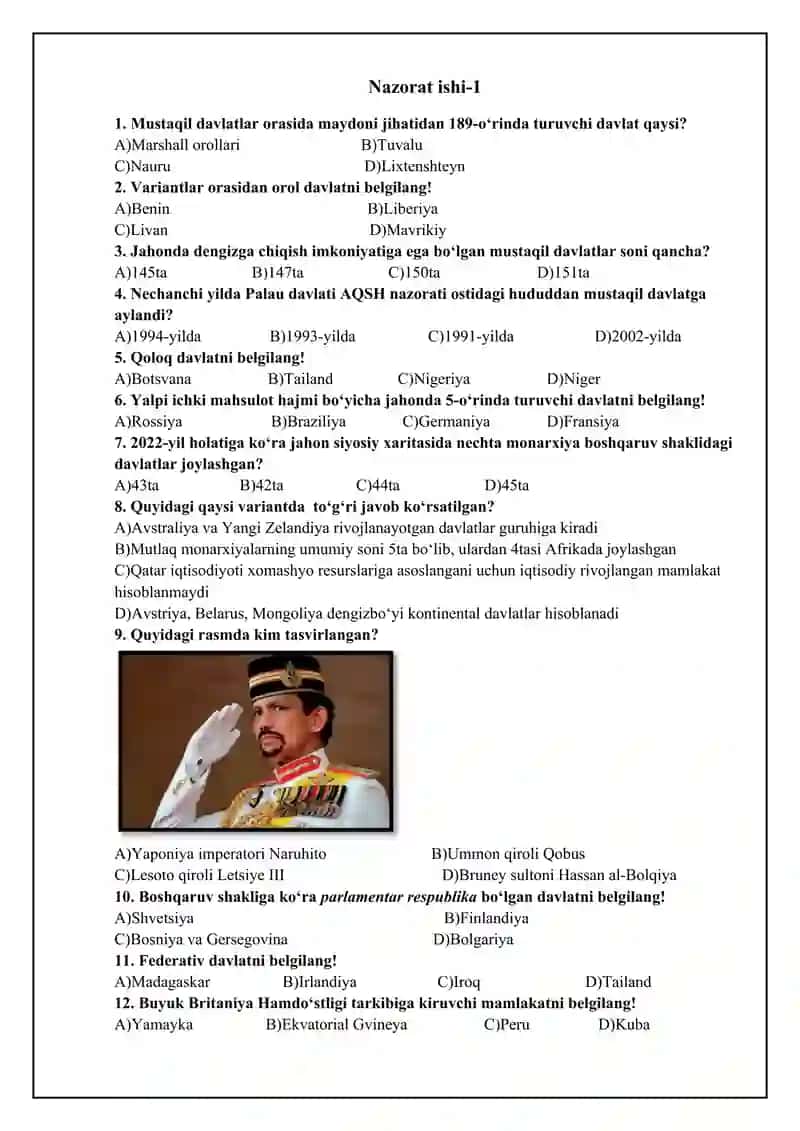Geografiya fanidan nazorat ishi to`plami. 1-variant. 2