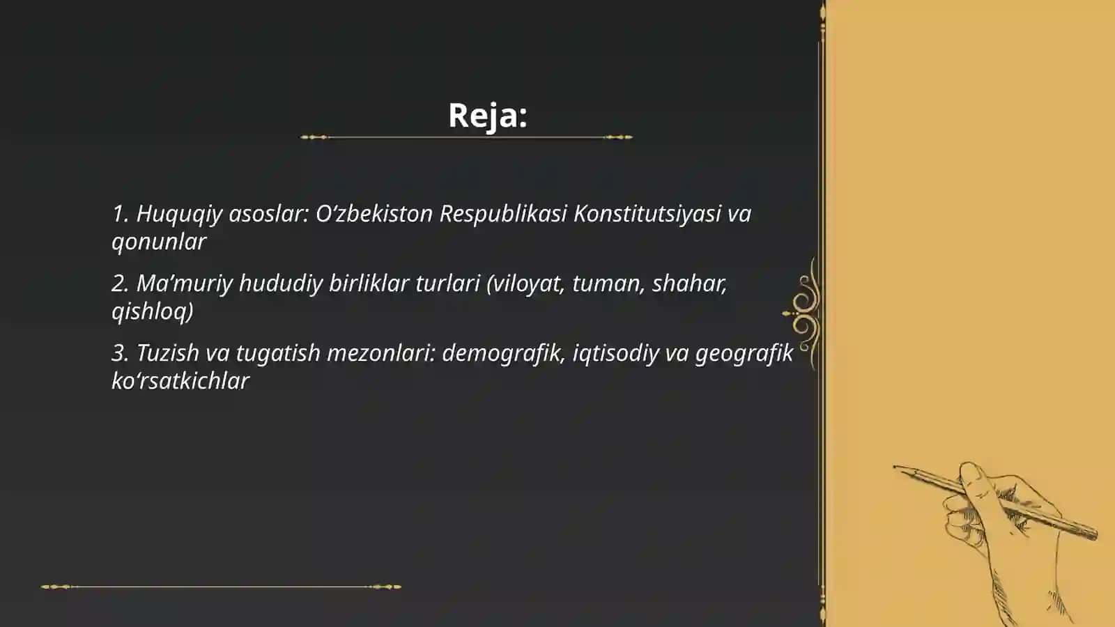 Oʻzbekiston respublikasida mamuriy hududiy birliklarni tuzish va tugatish tartibi 2