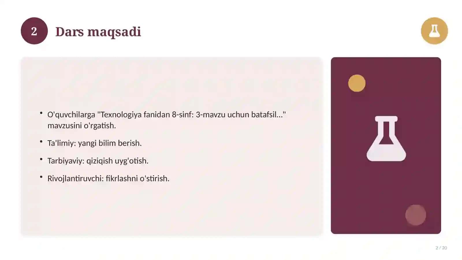 Texnologiya fanidan 8-sinf: 3-mavzu uchun batafsil dars ishlanmasi 2