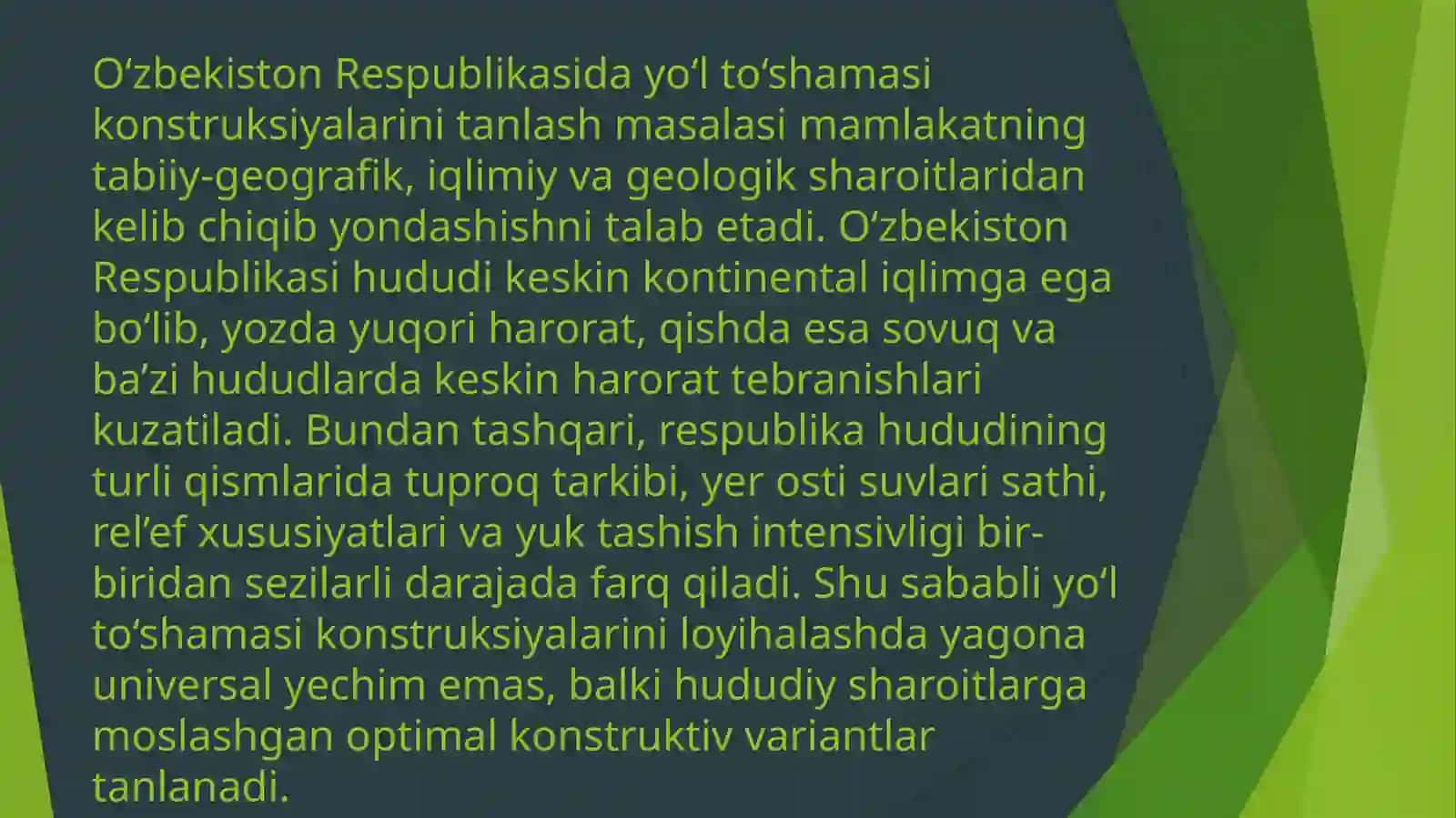 O‘zbekiston Respublikasi hududiy sharoitidan kelib chiqib yo‘l to‘shamasi konstruksiyalarini tanlash tamoyillari 2