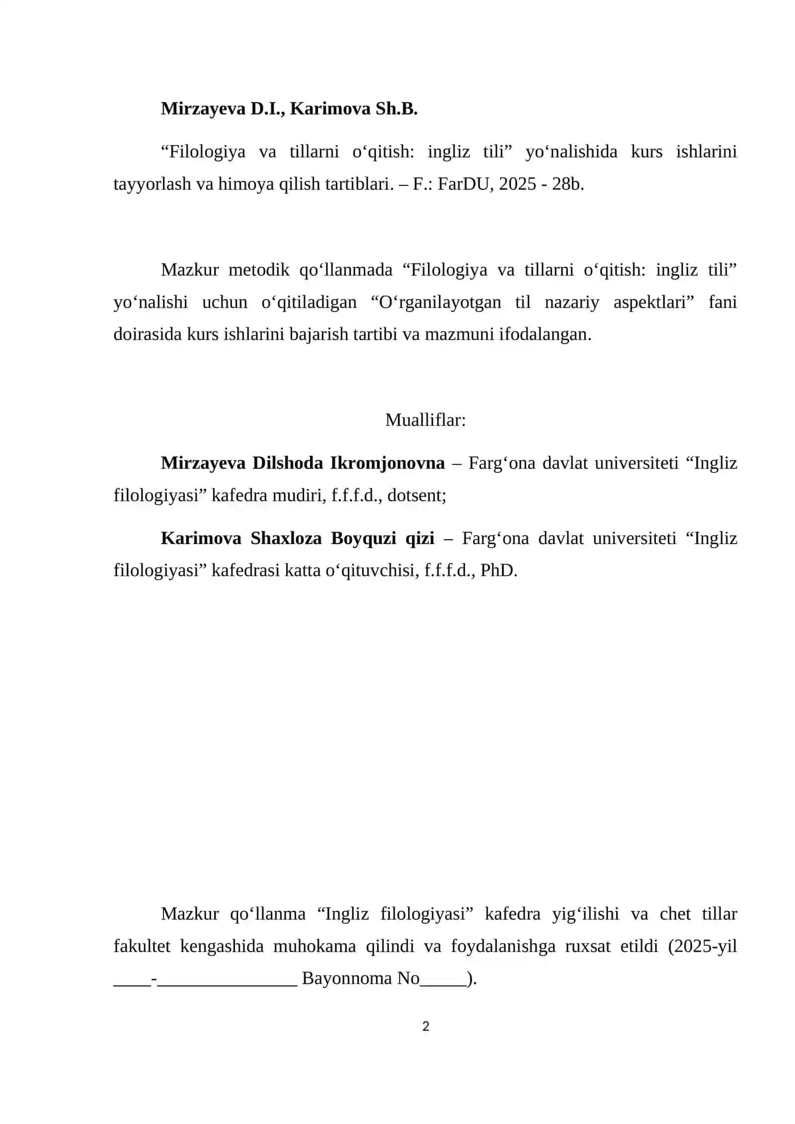 Kurs ishlari: Filologiya va tillarni o‘qitish: ingliz tili 2