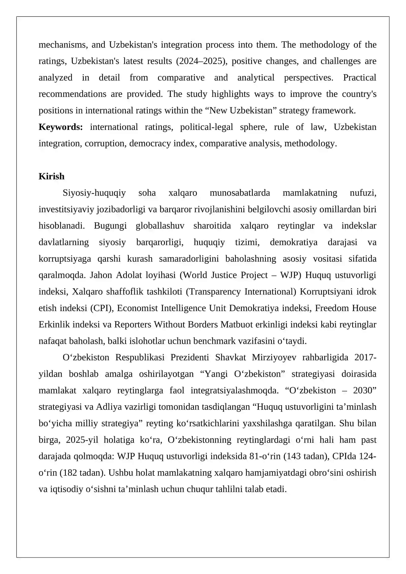 Siyosiy-huquqiy sohadagi ustuvor xalqaro reytinglar va ularga O‘zbekistonning integratsiyalashuvi 2