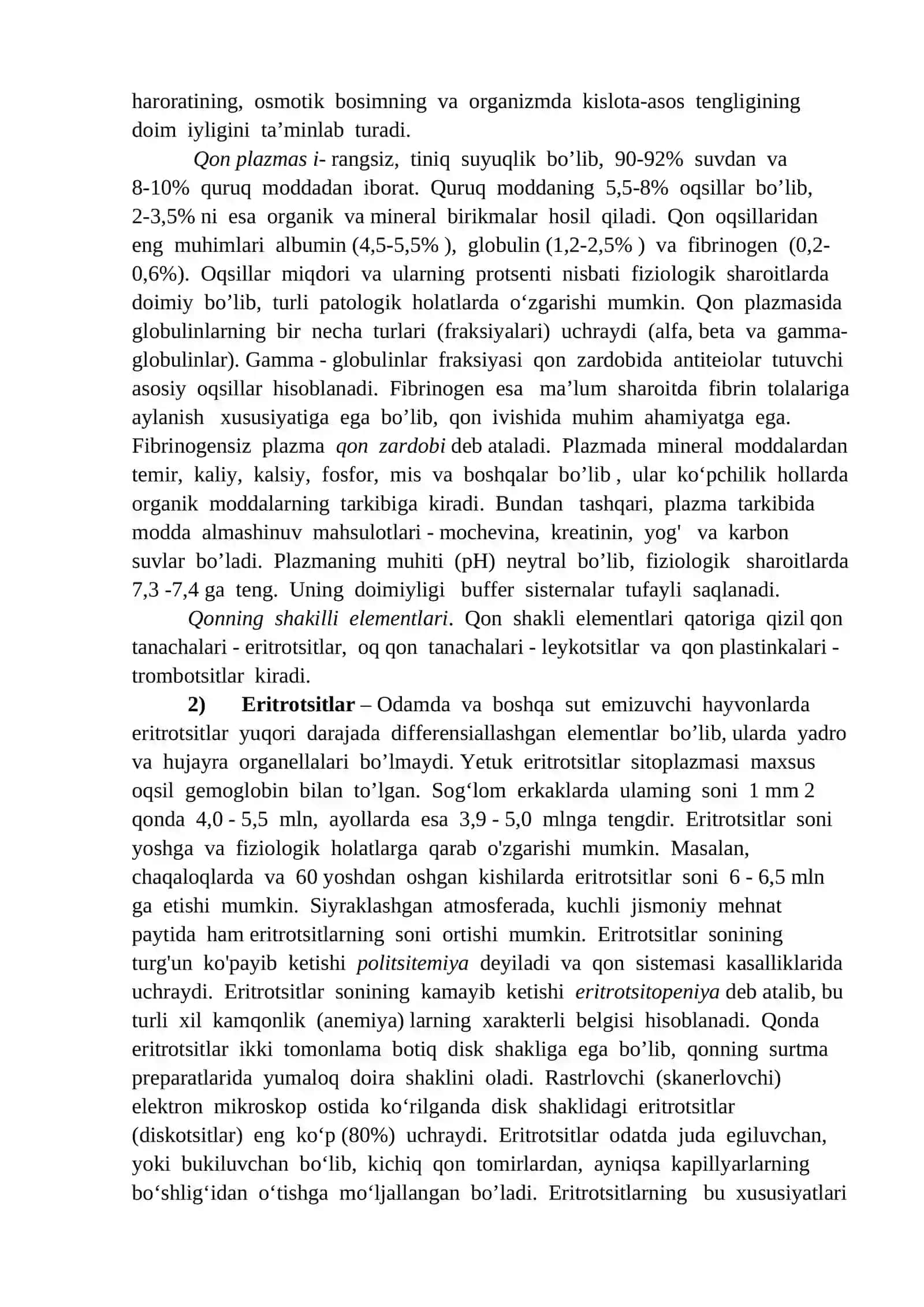 Ichki muhit to‘qimalari. Qon va limfaning tarkibi 2