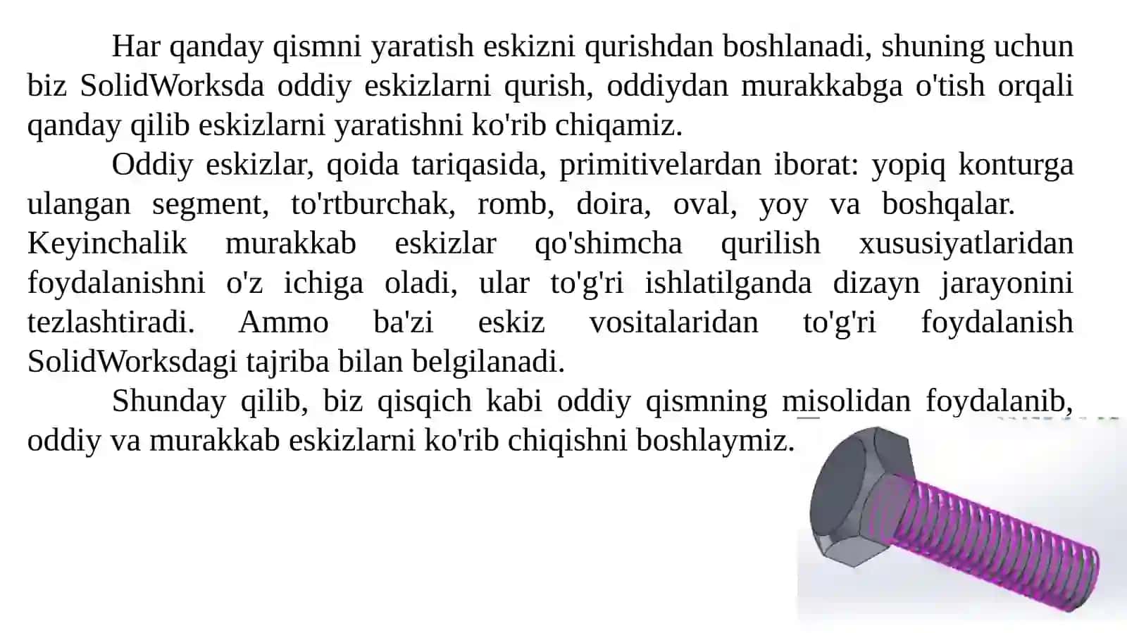 SolidWorkstizimida eskizlarni hosil qilish 2