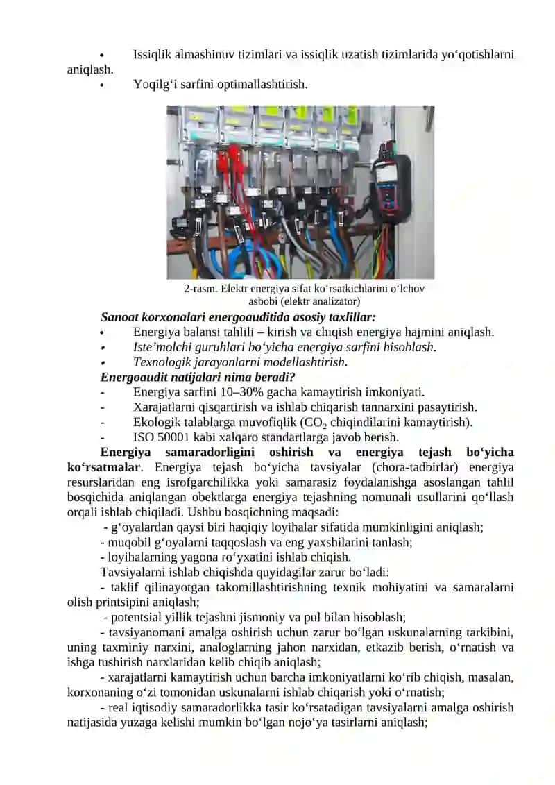 2-MODUL: Energiya auditi tushunchasi. Energiya samaradorligini oshirish va energiya tejash bo‘yicha ko‘rsatmalar. 2