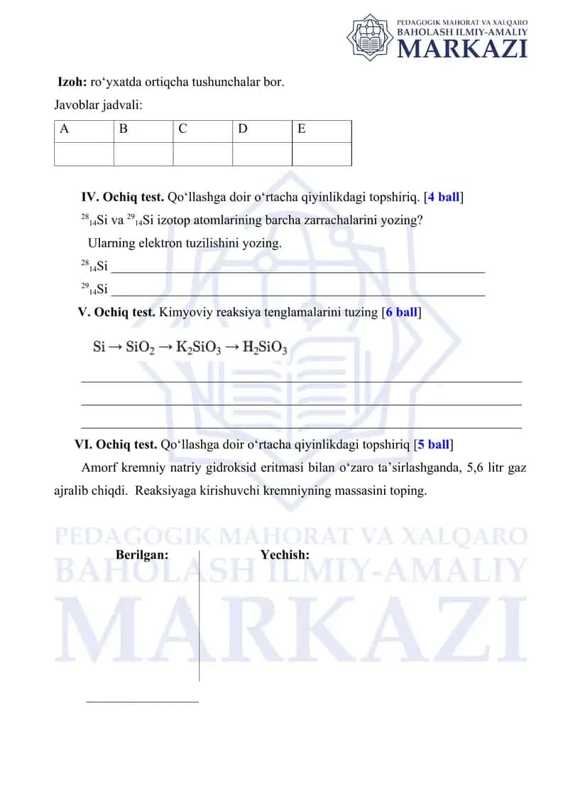 Umumta’lim maktabining 2023-2024- o‘quv yili kimyo fanini o‘quvchilarining kimyo fanini o‘zlashtirish darajasini aniqlash uchun test, savol, masala va topshiriqlar varianti 2