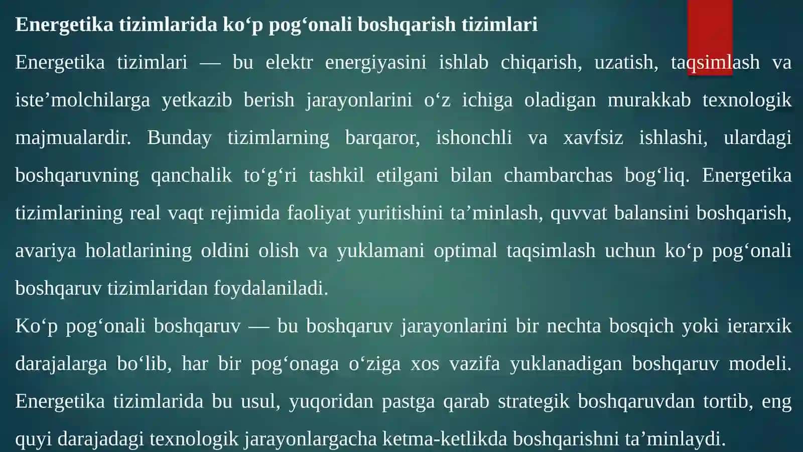 Energetika tizimlarida ko’p pog’onali boshqarish tizimlari 2