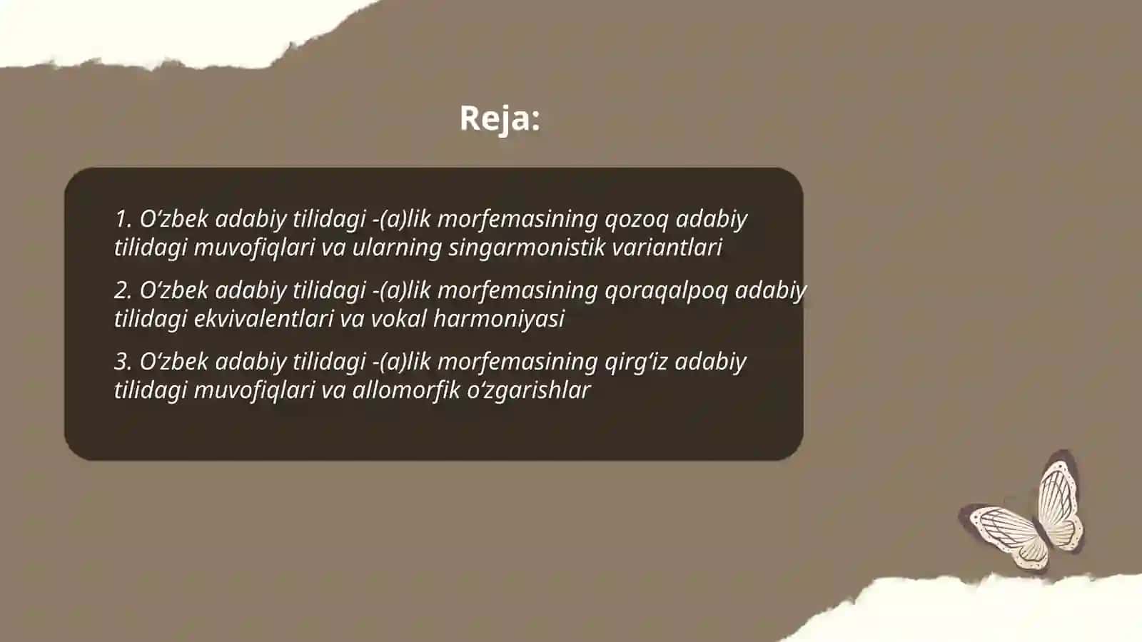 Oʻzbek adabiy tilida -(a)lik morfemasining qozoq, qoraqalpoq, qirgʻiz, uygʻur adabiy tillarida muvofiqlari va singarmonistik variantlari 2