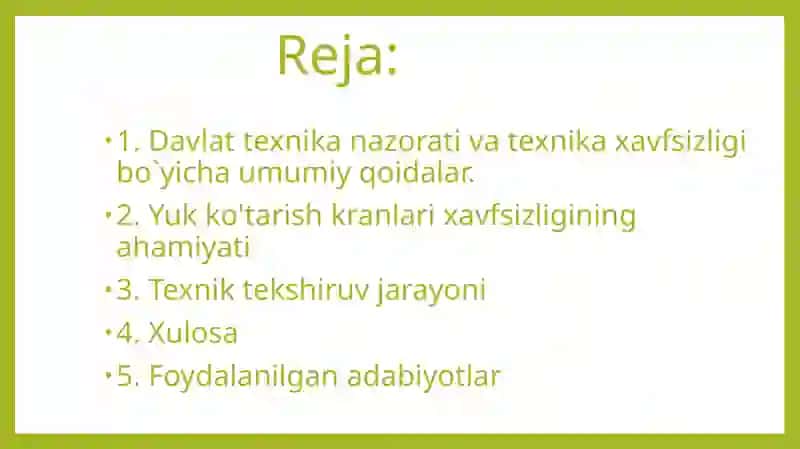 Yuk ko‘tarish kranlarini xavfsiz ishlashi uchun texnik tekshiruv va sinovdan 	o‘tkazish 2